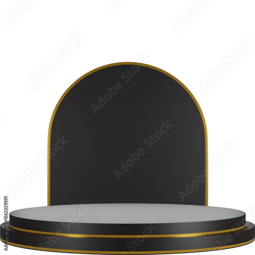 (Black Arched Portal/Frame):
​Black arched gateway podium for premium product showcase.
​Modern dark arch frame on white platform.
​Minimalist black arch background for branding.