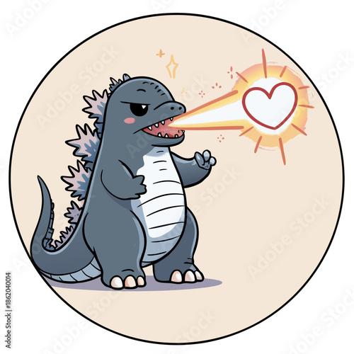 A cute cartoon illustration of a kawaii-style Godzilla
in a circular frame