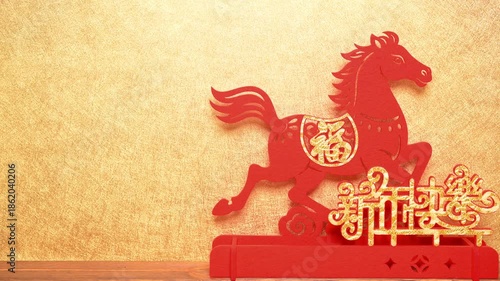 pan view Chinese New Year of Horse 2026 mascot at horizontal translation of the Chinese words are fortune and happy new year no logo no trademark