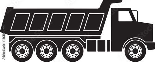 Dump truck silhouette heavy construction vehicle with large wheels and cargo bed for hauling materials on transparent background