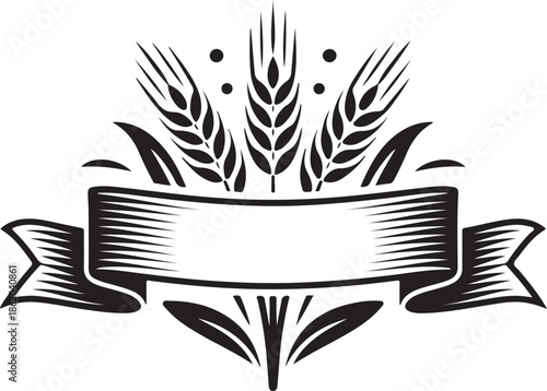 Monochromatic vector illustration features three wheat stalks adorned with circular elements and banner for text placement on transparent background