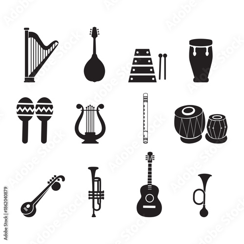 musical instrument silhouette icons Set