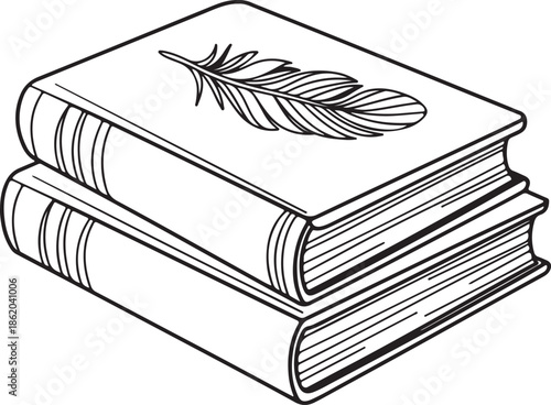 Stack of two antique hardcover books with feather resting on top representing literature education knowledge and publishing themes