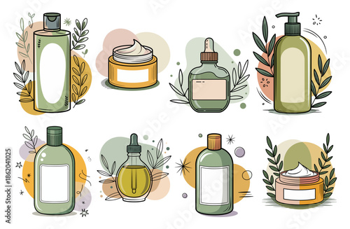 Set of modern skincare bottles illustrations with botanical details, pastel watercolor accents, blank labels, and eco-friendly aesthetic.