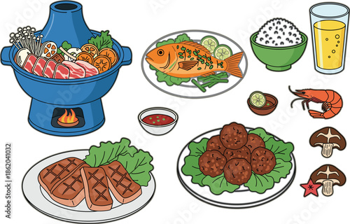 Traditional Asian food illustration set with hot pot, grilled meat, fish, rice, shrimp, mushrooms, and side dishes for cuisine, restaurant menu, and culinary design concepts
