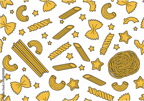 Seamless pasta pattern illustration with spaghetti, macaroni, fusilli, and farfalle shapes, playful Italian food background for packaging, kitchen decor, and culinary branding designs