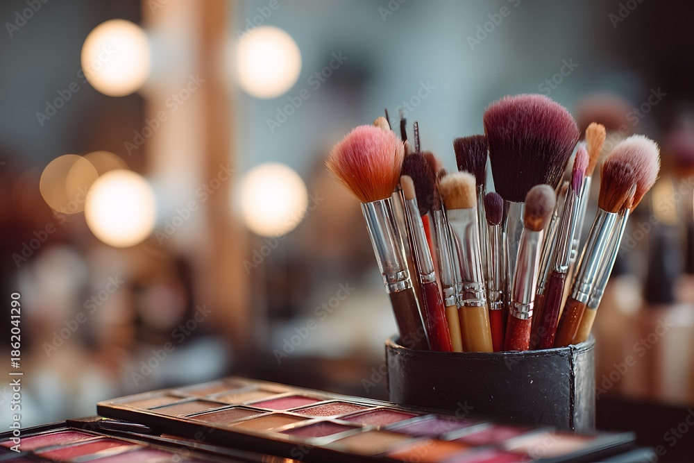 Fototapeta premium Professional makeup brushes in a holder and an eyeshadow palette on a vanity table with a blurred background and mirror reflection.