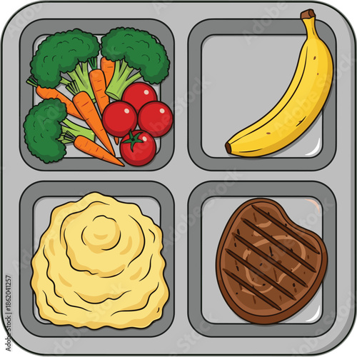 Healthy meal tray illustration with vegetables, banana, mashed potatoes, and grilled steak, balanced diet concept for nutrition planning, school lunch, and food portion design