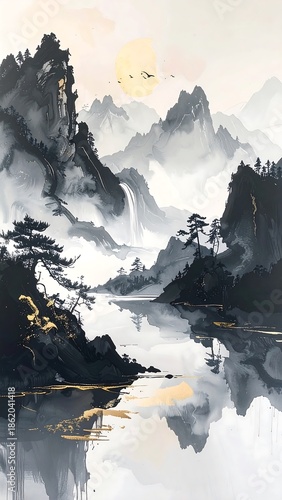 Misty Mountain Landscape with Water Reflection.