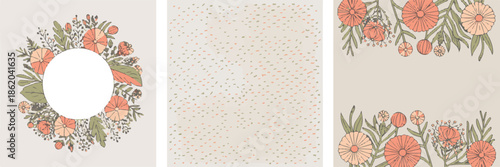 Set of three floral square vector templates delicate orange and green botanical illustrations for greeting cards social media stories print