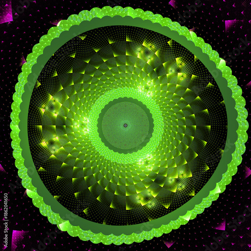 Green abstract marine plankton life form on a purple background. Portrait closeup of a simple creature, fractal art, 3D illustration.