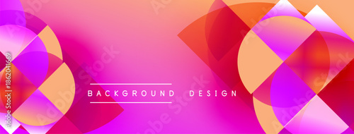 Abstract vibrant background. Overlapping geometric shapes create dynamic visual effect. Pink, orange, purple hues dominate composition. Modern design element.
