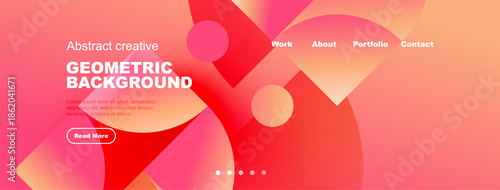Abstract geometric background design. Vibrant red, pink hues dominate composition. Text elements present, navigation visible.