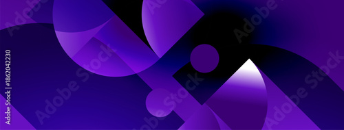 Abstract purple design. Overlapping shapes create dynamic composition. Smooth gradients suggest depth, movement. Modern aesthetic.
