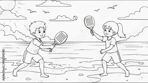 Coloring book for kids - Two children playing tennis on the beach under a sunny sky