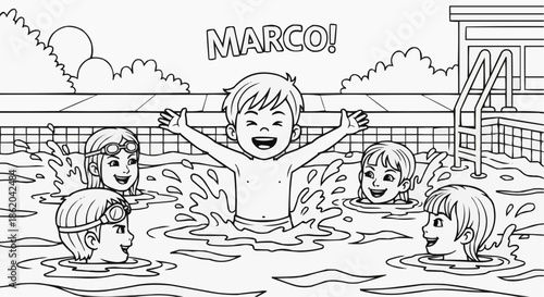 Coloring book for kids - children play in the pool and shout "Marco" in the summer