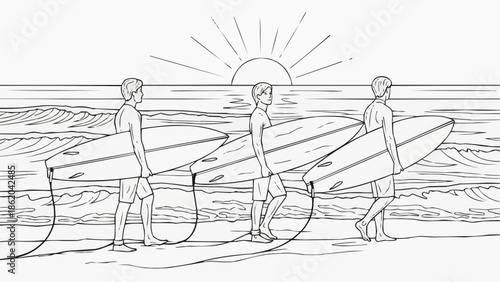 Coloring book for kids - Surfers walking along the beach with surfboards at sunset