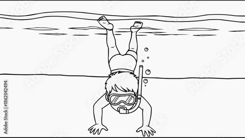 Coloring book for kids - a boy swims with a mask and snorkel underwater, blowing bubbles in the pool