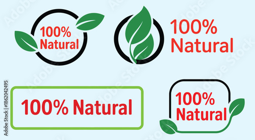 four organic product labels vector illustration with green leaves elegant design style symbolizing 100 percent natural eco-friendly sustainable quality packaging concept.
