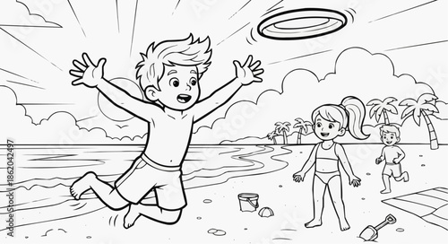 Coloring Book for Kids - Happy kids playing frisbee on the beach during the summer holidays 