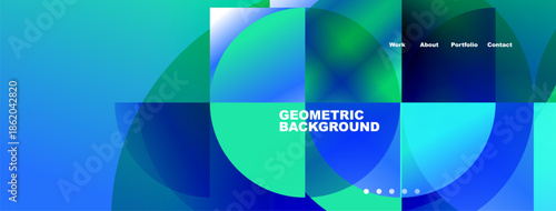 Abstract geometric design. Blue, green hues dominate. Text reads Geometric Background, navigation visible above. Modern aesthetic.