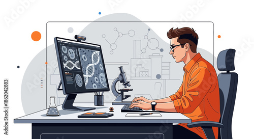 Innovative scientific research with focused scientist analyzing DNA models on computer screen