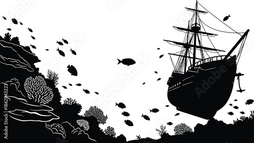 Black and white silhouette of a sunken shipwreck on the ocean floor surrounded by coral reef sea life and schools of fish.