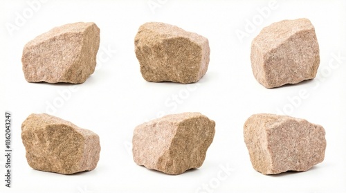 Collection of natural sandstone rocks in various shapes and sizes, isolated against transparent background for geological study