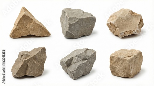 Collection of various natural rocks and stones, showcasing different shapes and textures in a studio shot. isolated against transparent background	