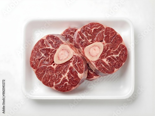 Uncooked Beef Shanks with Bone Marrow in a White Tray, Ready for Culinary Preparation, Overhead Studio View, isolated against transparent background	