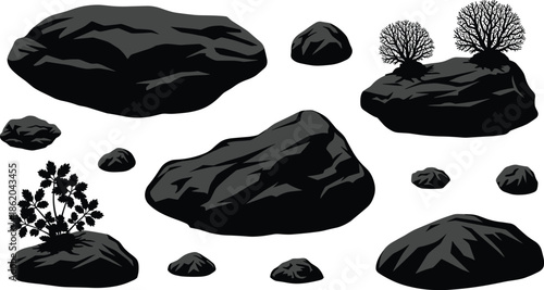 Black and white silhouette set of various rocks boulders and wild shrubs for nature landscape design and outdoor environment architectural asset illustration.