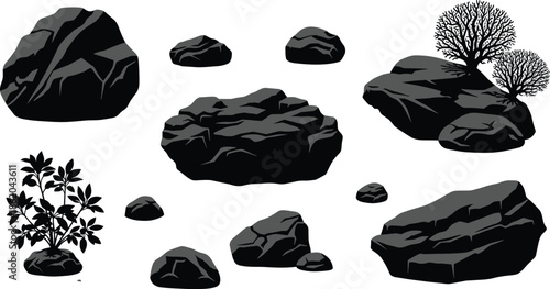 Black and white silhouette set of various rocks boulders and wild shrubs for nature landscape design and outdoor environment architectural asset illustration.