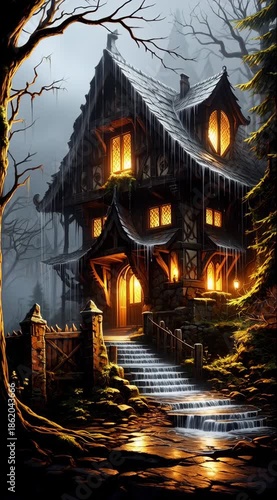 Mysterious House in Dark Forest Night.