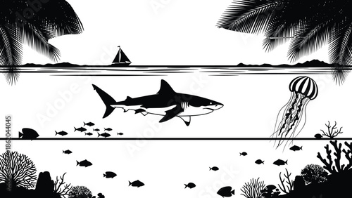 Black and white tropical underwater silhouette featuring a shark jellyfish palm trees and sailboat for marine travel and summer nature background design.