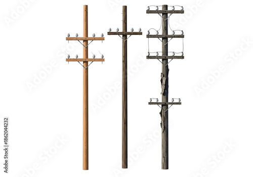 Three wooden power poles with different designs isolated on transparent background