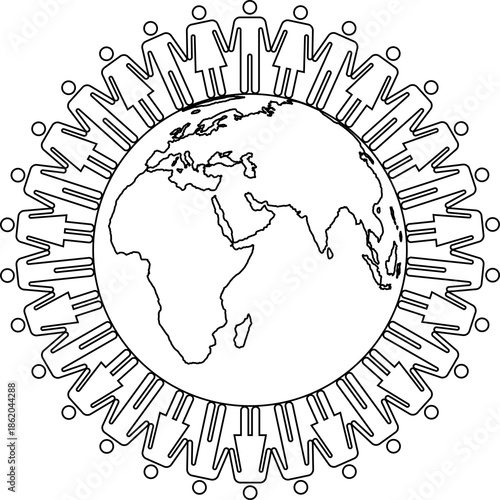 Diverse men and women holding hands around a globe. Transparent PNG. Globe and people outline. People around a globe vector. Unity and global diversity.