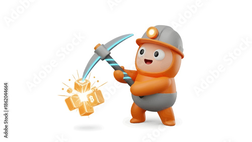 A cartoon miner enthusiastically digs into a pile of gold coins with a pickaxe in a plain white background