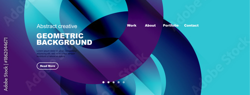 Modern website mockup displays vibrant geometric background. Navigation includes work, about, portfolio, contact sections. Button invites further exploration.