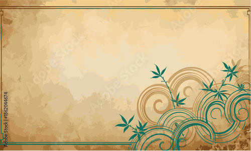 Print Vintage Zen Background with Bamboo Leaves and Teal Circular Swirl Patterns
