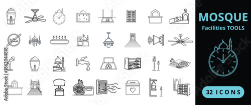 Mosque Facilities Tools Icon Set for Islamic Worship, Prayer Hall Management and Religious Services for Religious Buildings, Worship Spaces and Cultural Design Use