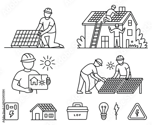 electrician installing solar cell panels vector line icons set renewable energy installation worker clean electricity sustainable power service illustration.