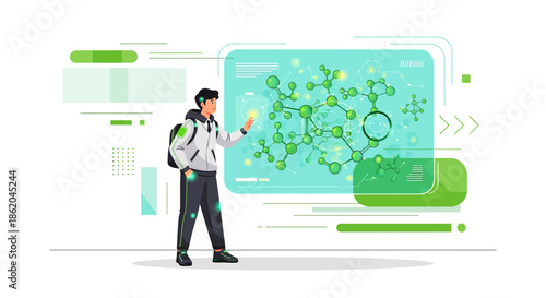 Interactive molecular study illustration of student with virtual display exploration