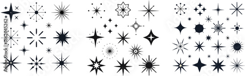 Black Starburst and Sparkle Icons Set – Decorative Stars, Glowing Shapes, and Radiant Symbols | Minimal Graphic Elements for Design, UI, and Branding