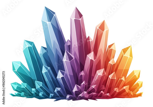 Vibrant rainbow crystal cluster isolated on transparent background with sharp facets