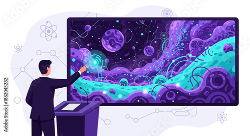 Interactive presentation of deep space data at a tech convention showcasing cosmic exploration