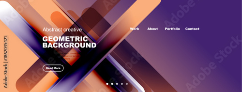 Abstract geometric design. Purple, orange hues dominate. Website header includes navigation options, read more button. Modern aesthetic.