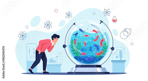 Investigating microscopic life: A scientist observes bacteria in a spherical display, uncovering