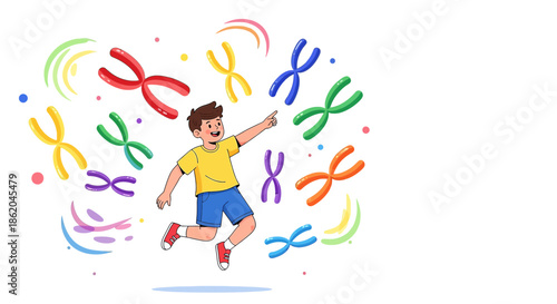 Joyful illustration of a young boy discovering the wonders of genetics and chromosomes with wonder