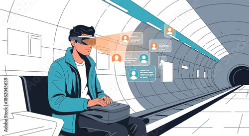 Man experiences augmented reality in a subway station: visualizing digital interfaces