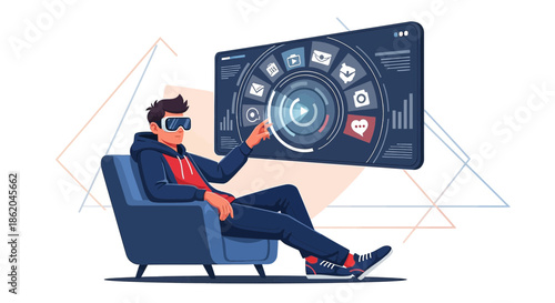 Man immersed in virtual reality with advanced interface displays innovative tech trends